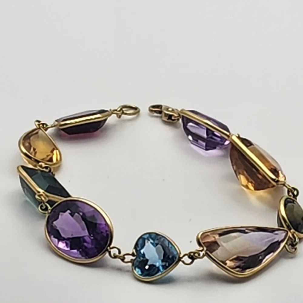Vintage 18 Karat Gold Gemstone (Aqua, Sapphire, Topaz, & More) Bracelet (7") - Picture 7 of 10
